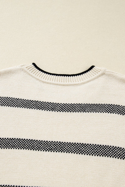 Cozy Plus Size Apricot Stripe Sweater for Women Stylish Crew Neck with Wide Sleeves & Drop Shoulders