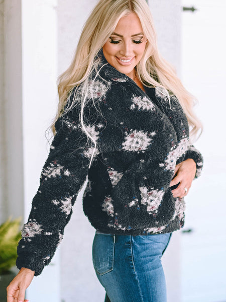 Western Black Aztec Sherpa Jacket with Zipper Collar