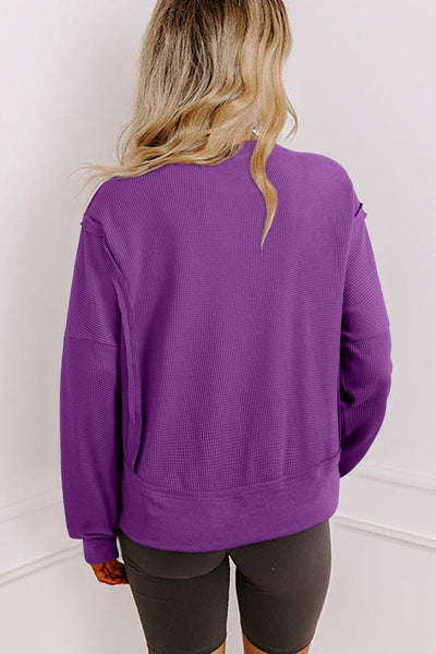 Orchid Mist Women's Cozy Ribbed Drop Shoulder Sweatshirt with Raw Seam Patchwork - Stylish Casual Top for Everyday Wear