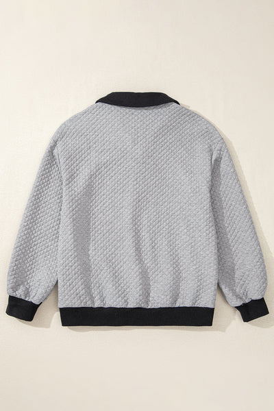 Women's Cozy Light Grey Colorblock Sweatshirt with Textured Fabric and Buttoned Collar for Casual Chic Looks