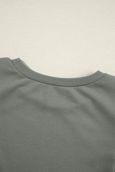 Cozy Women's Grayish Green Patchwork Sweatshirt with Round Neck and Long Sleeves for Casual Style and Comfort