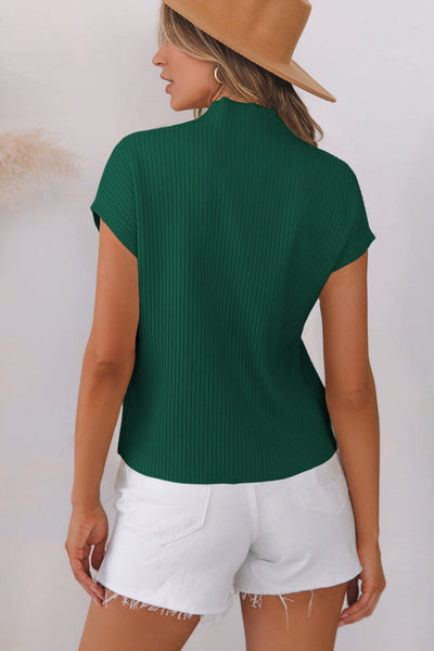 Women's Casual Blackish Green Ribbed Knit Sweater with Patch Pockets - Stylish Short Sleeve Top for Everyday Comfort