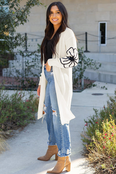 Beige Flower Embroidered Women's Open Front Duster Cardigan with Drop Shoulders - Stylish and Comfortable Layering Piece