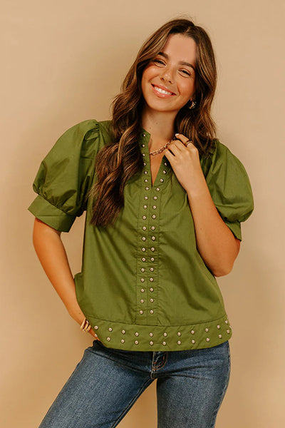Chic Women's Fern Green V-Neck Blouse with Short Puff Sleeves and Rivet Details for Trendy Style