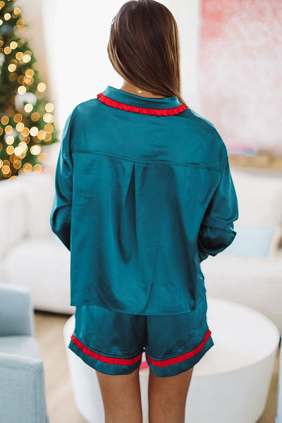 Lapis Blue Women's Frilled Trim Pajama Set with Ribbon Bow - Stylish Short and Top Sleepwear for Ultimate Comfort