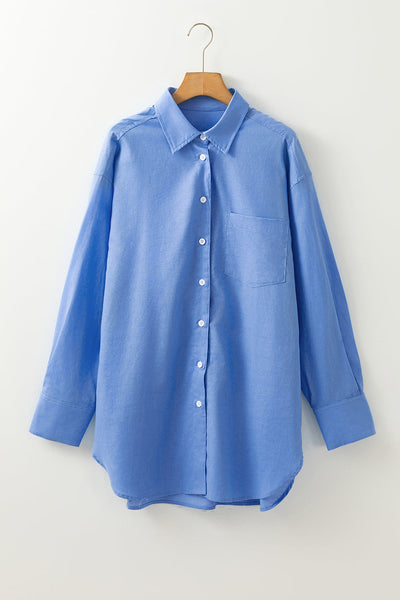 Casual Women's Blue Boyfriend Tunic Shirt with Pocket - Relaxed Fit Top for Effortless Everyday Style