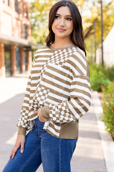 Trendy Women's Khaki Checkerboard Patchwork Blouse with Lantern Sleeves and Pockets for Effortless Style