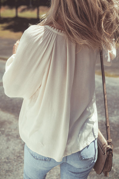Chic Women's Beige Floral Embroidered Puff Sleeve Top - Loose Fit, Textured Design for Effortless Style