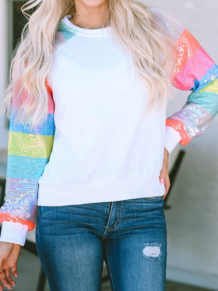 Women's White Sequin Color Block Casual Sweatshirt with Raglan Sleeves