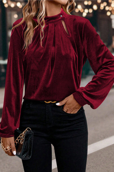 women's red dahlia velvet mock neck blouse with keyhole detail made for easy styling and wardrobe coordination, with premium-like structure and with