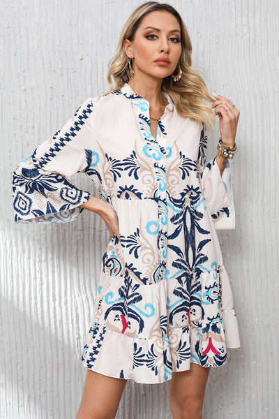 Floral Print Fringed V-neck Mini Dress