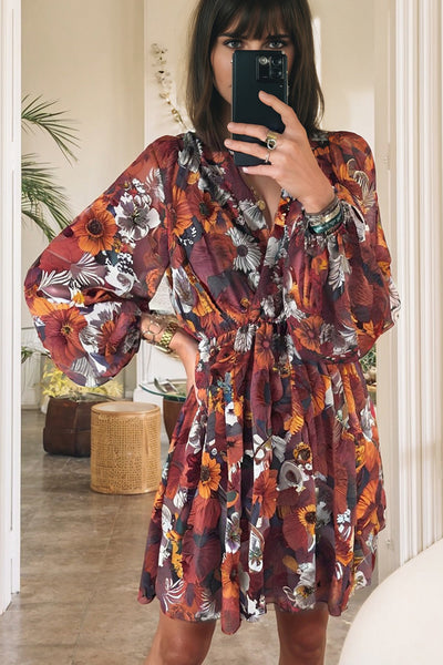Stylish Women's Red Floral Wrap Mini Dress with Puff Sleeves and Flowy Fit for Effortless Summer Elegance
