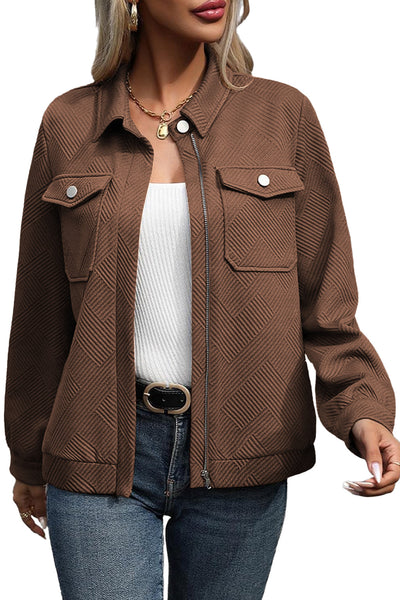 Women's Textured Coffee Zip-Up Shacket with Flap Pockets