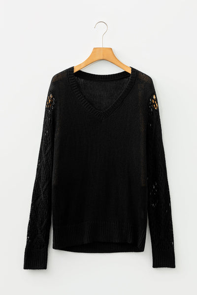 Women's Black V-Neck Pointelle Knit Sweater with Contrast Sleeves