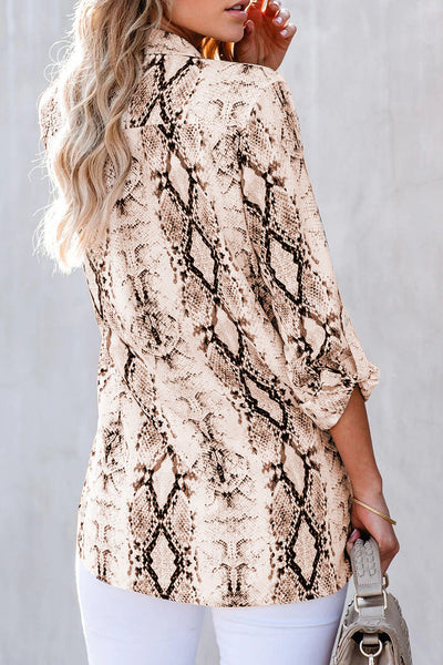 Women's Brown Serpent Patterned Blouse with Convenient Pockets