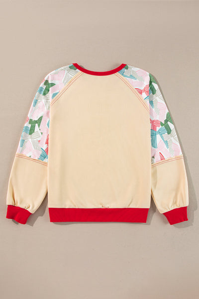 Chic Beige Women's Colorblock Bowknot Raglan Sleeve Top with Stylish Printed Patchwork for Casual Outfits