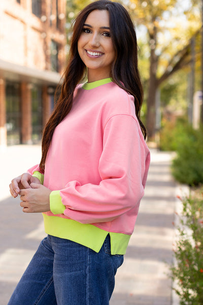 Trendy Women's Pink Colorblock Bubble Sleeve Sweatshirt - Cozy Casual Top for Effortless Everyday Style