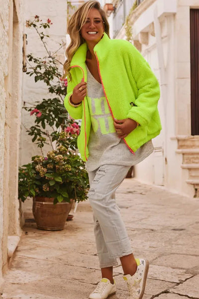 Cozy Women's Pear Green Fuzzy Sherpa Jacket with Contrast Trim and Pockets - Stylish Full Zip Outerwear for Fall/Winter