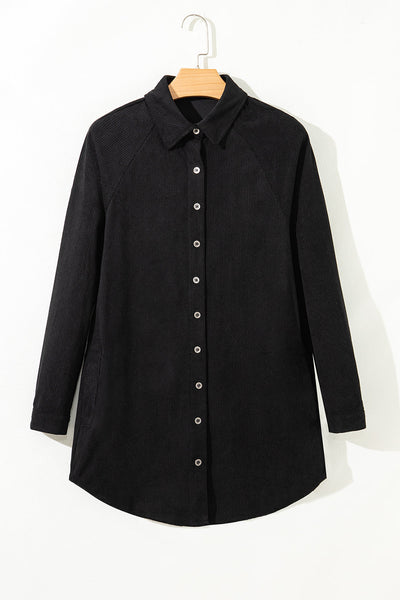 Stylish Women's Black Corduroy Midi Dress - Comfortable Long Sleeve Fit with Trendy Details for Effortless Elegance