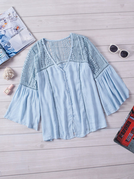 Whimsical Sky Blue Crochet Bell Sleeve Blouse