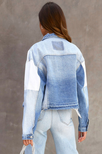 Women's Casual Sky Blue Color Block Denim Jacket with Frayed Hem & Unique Patchwork Design for Effortless Style