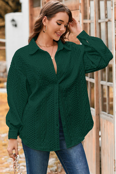Women's Blackish Green Cable Knit Puff Sleeve Shacket