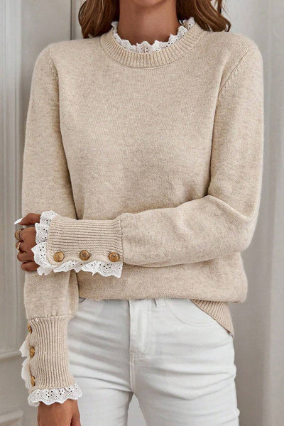 Cozy Women's Relaxed Fit Jet Stream Sweater with Lace Trim and Buttoned Cuffs for Effortless Chic Style
