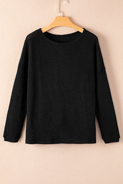 Cozy Women's Black Waffle Knit Long Sleeve Top with Drop Shoulders - Relaxed Casual Essential for Everyday Style