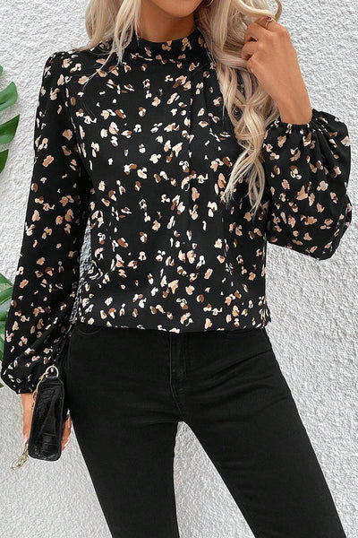 Elegant Black Leopard Print Pleated Blouse for Women with Lantern Sleeves and Stylish Mock Neck Design