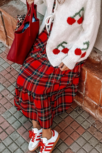 Stylish Women's Red Plaid Long Sleeve Ruffle Tiered Dress - Comfortable Casual Fashion for Everyday Wear