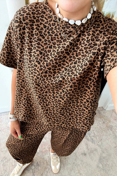 Women's Leopard Print Relaxed Tee and Barrel Leg Pant Set