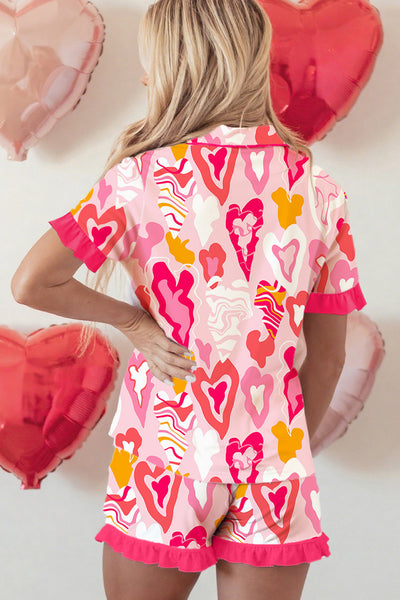 Cozy Women's Pink Heart Print Pajama Set with Ruffle Trim - Whimsical 2-Piece Short Sleeve Sleepwear for Relaxation