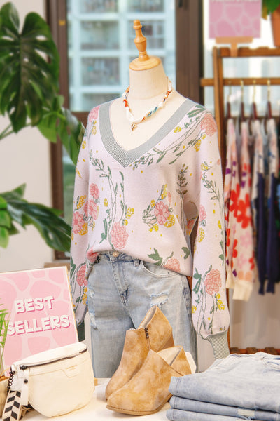 Women's Floral V-Neck Viscose Blend Knit Sweater in Soft Pink