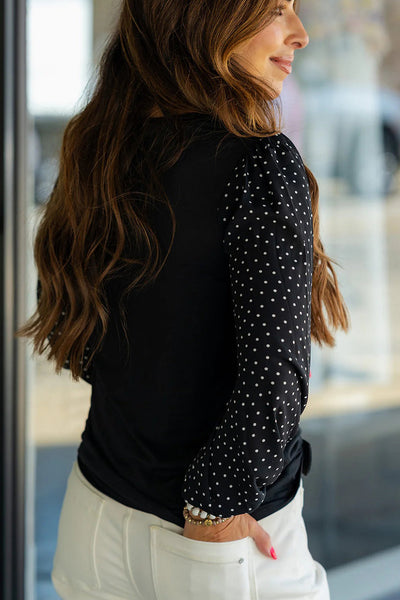 Elegant Women's Black Polka Dot Chiffon Blouse - Long Sleeve, Round Neck, Trendy Patchwork Design for Effortless Style