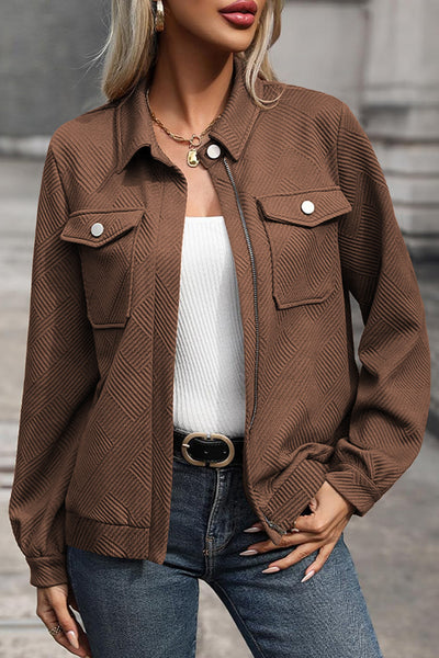 Women's Textured Coffee Zip-Up Shacket with Flap Pockets