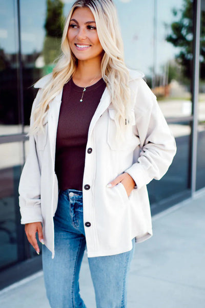 Women's White Fleece Shacket with Exposed Seams & Patchwork Design - Stylish Button-Down Layer for Cozy Chic Looks