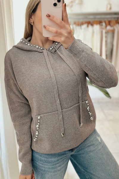 Chic Gray Hooded Sweater for Women with Sparkling Rhinestones and Cozy Kangaroo Pocket Perfect for Everyday Comfort