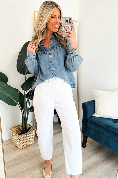 Dusk Blue Women's Chambray Shirt with Frilled Details & Button-Down Design - Stylish, Comfortable Fit for Everyday Wear