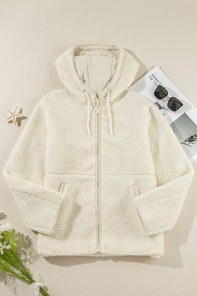 Cozy Women's Beige Fleece Zip-Up Hoodie Jacket with Drawstring and Pockets for Effortless Casual Style