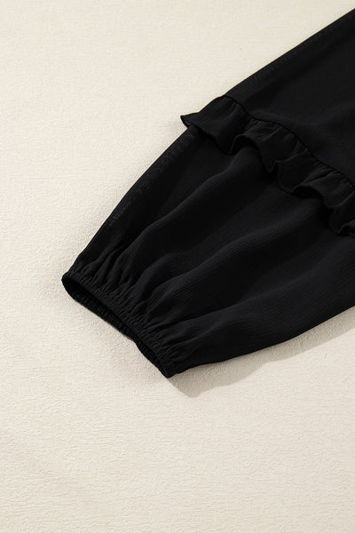 Chic Plus Size Women's Black Chiffon Top with Ruffle Balloon Sleeves Stylish, Comfortable, Perfect for Any Occasion
