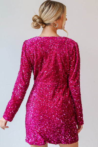 Women's Chic Pitaya Pink Velvet Sequin Long Sleeve V-Neck Mini Dress for Women Elegant Party Wear with Wrap Design made for easy styling and wardrobe