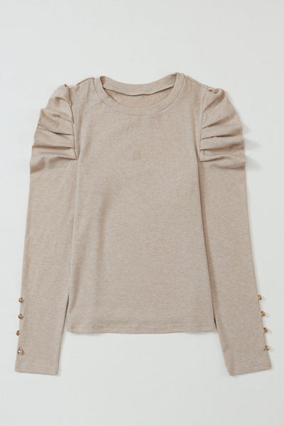 Stylish Women's Khaki Puff Sleeve Sheath Top with Button Detail - Comfortable Everyday Wear for Effortless Chic