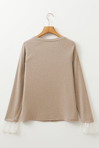 Women's Parchment Lace Contrast Cuffs Raglan Sleeve Top with Seam Detail - Stylish & Comfortable Fashion Essential