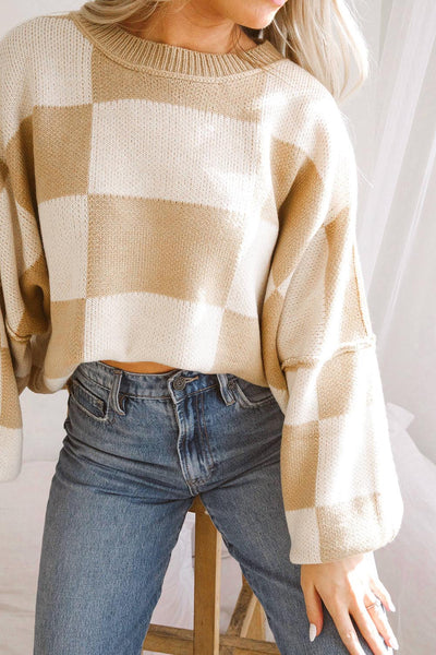 Cozy Women's Khaki Checkered Bishop Sleeve Sweater - Trendy Knit Top for Fall Fashion & Casual Outings