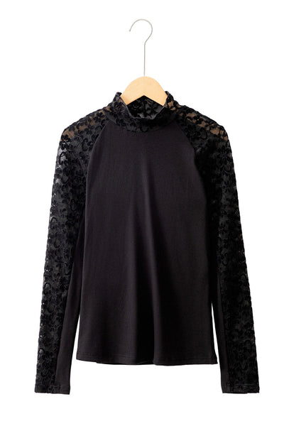 Chic Women's Black Floral Lace Long Sleeve Top - Slim Fit High Neck with Trendy Patchwork Design