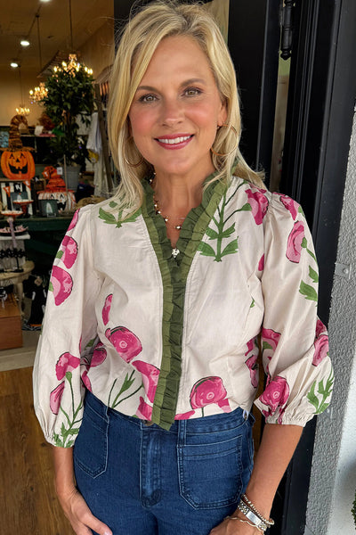 Elegant Beige Floral Blouse for Women with Frilled Neckline & Bracelet Sleeves Perfect for Casual & Formal Occasions