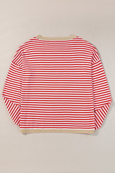 Trendy Women's Fiery Red Striped Drop Shoulder Sweater with Contrast Trim and Relaxed Fit for Effortless Style
