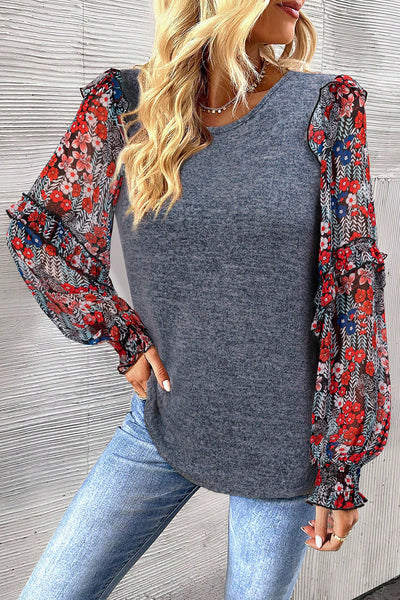 Pale Chestnut Women's Floral Ruffle Sleeve Blouse - Elegant Tiered Design for Effortless Style and Comfort