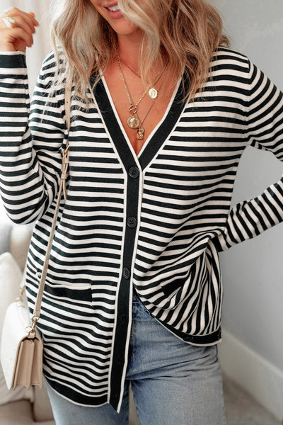 Stylish Women's Black Stripe Long Sleeve Tunic Cardigan Effortless Layering Essential for Chic Outfits