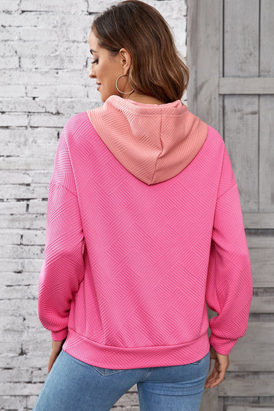 Trendy Women's Pink Color Block Drop Shoulder Hoodie with Kangaroo Pocket - Stylish, Comfortable Everyday Wear